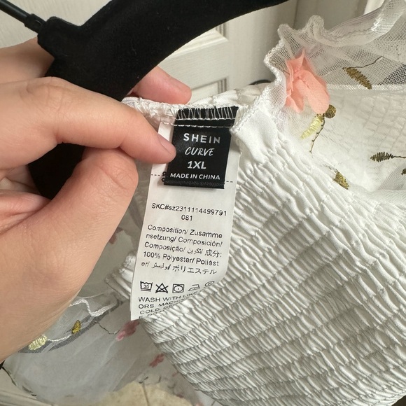white floral shirred off the shoulder top mesh sleeves - Picture 2 of 5